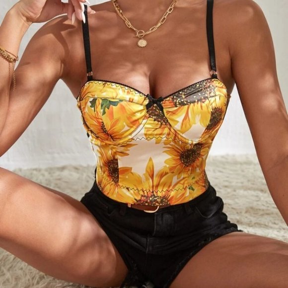 . Tops - Sunflower Printed  Satin Crop Cami Top